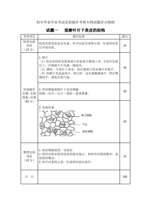 中考生物实验操作试题评分细则