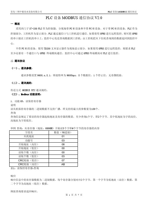 PLC设备通信协议V2.0