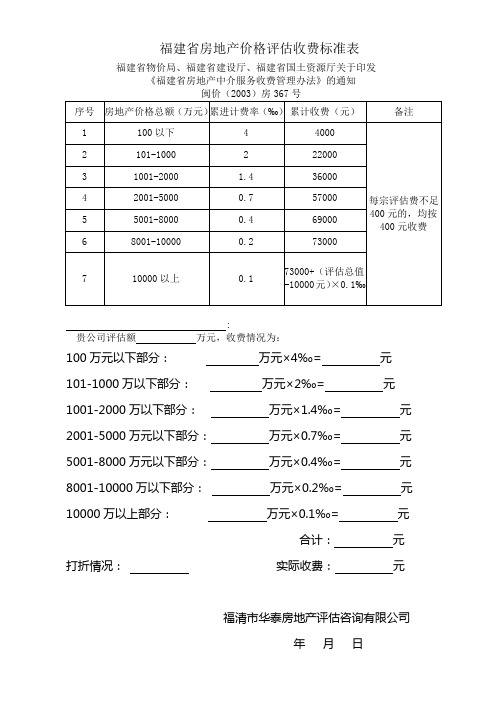 福建省房地产价格评估收费标准表