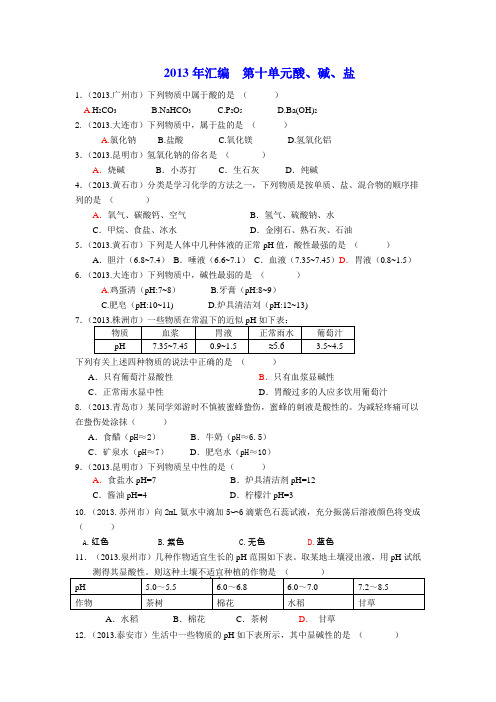 2013年全国中考化学 第十单元酸碱盐(1)解析