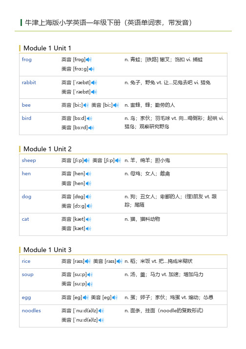 牛津上海版小学英语一年级下册(英语单词表)