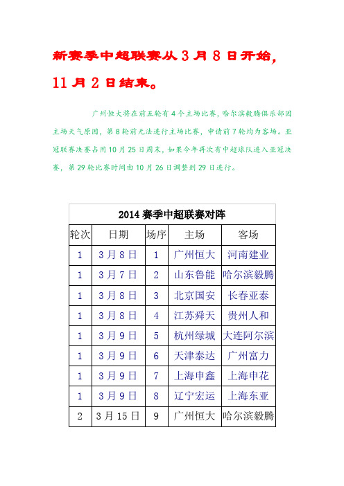 2014赛季中超联赛对阵赛程解析