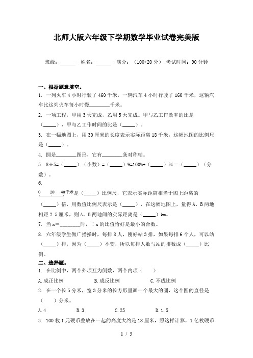 北师大版六年级下学期数学毕业试卷完美版