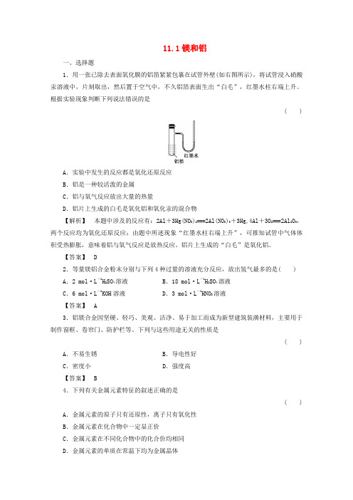 青海省2020届高三化学 11.1镁和铝复习课时训练