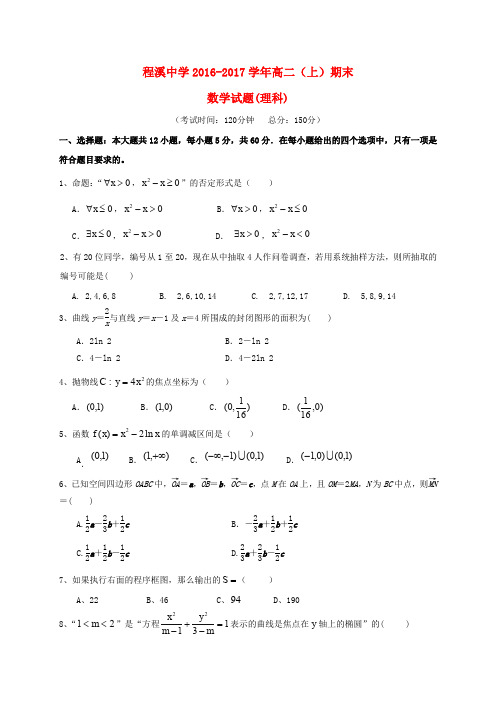 福建龙海市程溪中学2016-2017学年高二数学上学期期末考试试题 理