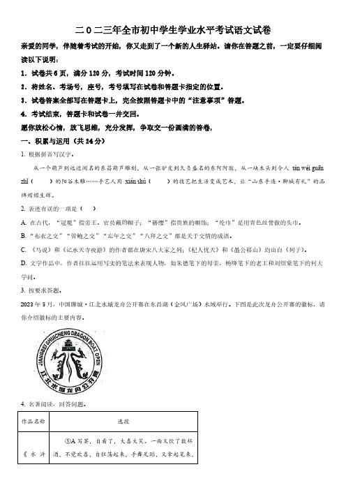 2023年山东省聊城市(初三学业水平考试)中考语文真题试卷含详解附写作范文