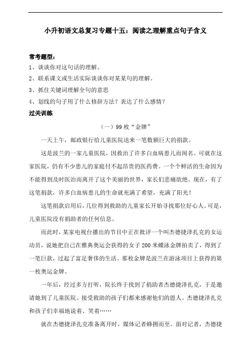 人教部编版小升初语文总复习专题十五·阅读之理解重点句子含义同步练习(含答案)