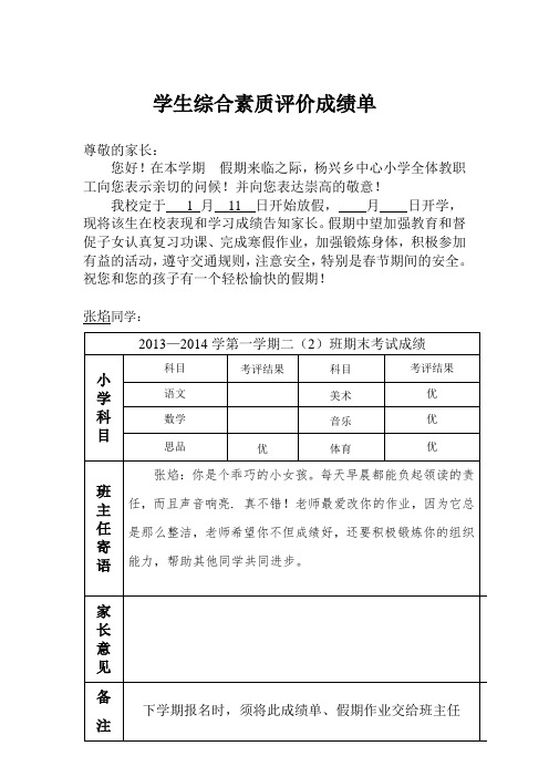 学生综合素质评价成绩单