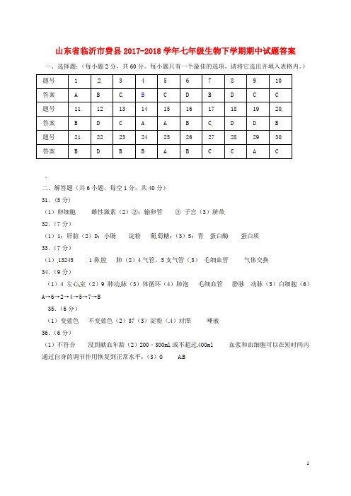 山东省临沂市费县2017-2018学年七年级生物下学期期中试题答案 新人教版