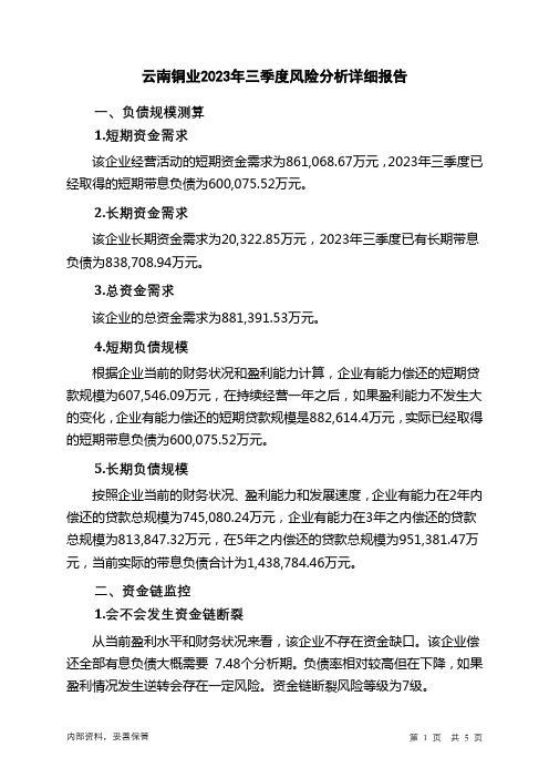 000878云南铜业2023年三季度财务风险分析详细报告