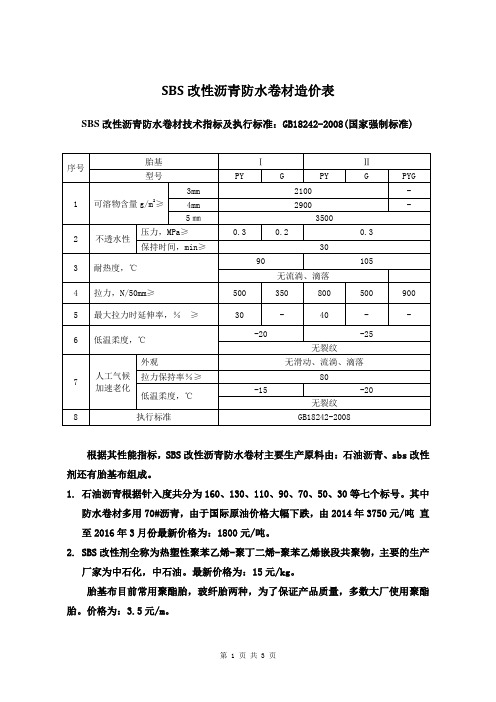 sbs改性沥青防水卷材造价表