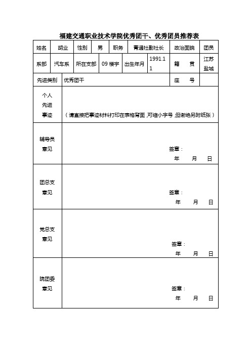 优秀团干、优秀团员推荐表