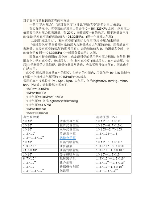 真空度表示方法、单位换算