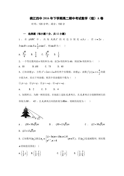 数学-高二-湖南省桃江县第四中学高二上学期期中考试数学(理)试题(A卷)