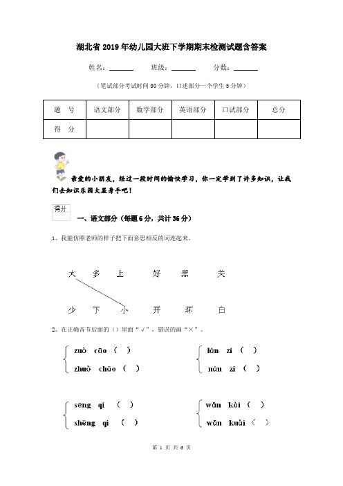 湖北省2019年幼儿园大班下学期期末检测试题含答案