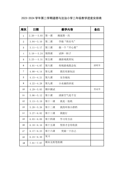 2023-2024学年第二学期道德与法治小学二年级教学进度安排表