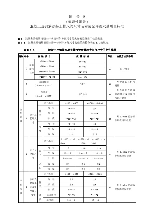 附 录 H (规范性附录)混凝土及钢筋混凝土排水管尺寸及安装允许渗水量质量标准