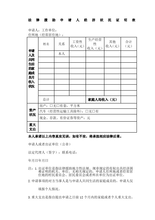 法律援助申请人经济状况证明表