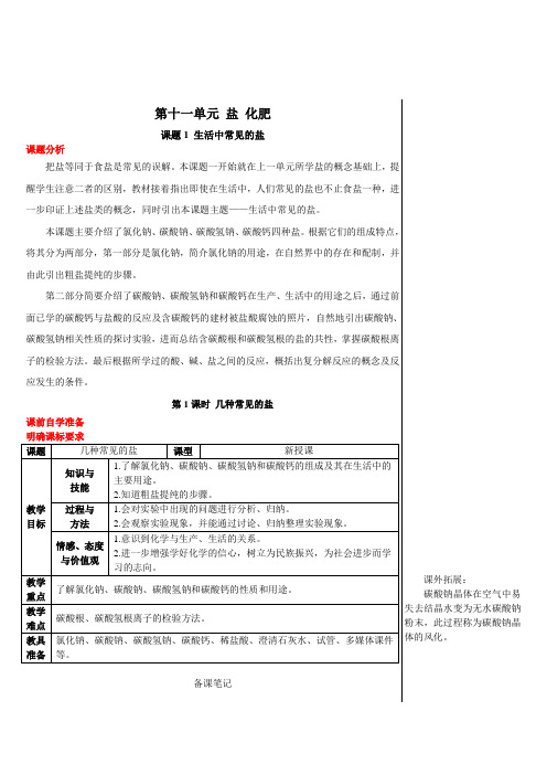 部编人教版九年级化学下册第11单元 盐 化肥 第1课时 几种常见的盐(导学案)