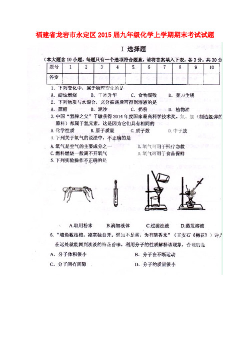 福建省龙岩市永定区九年级化学上学期期末考试试题(扫描版) 新人教版