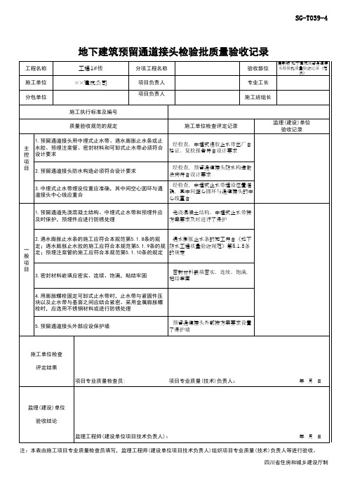 最新版 地下建筑预留通道接头检验批质量验收记录(范例)