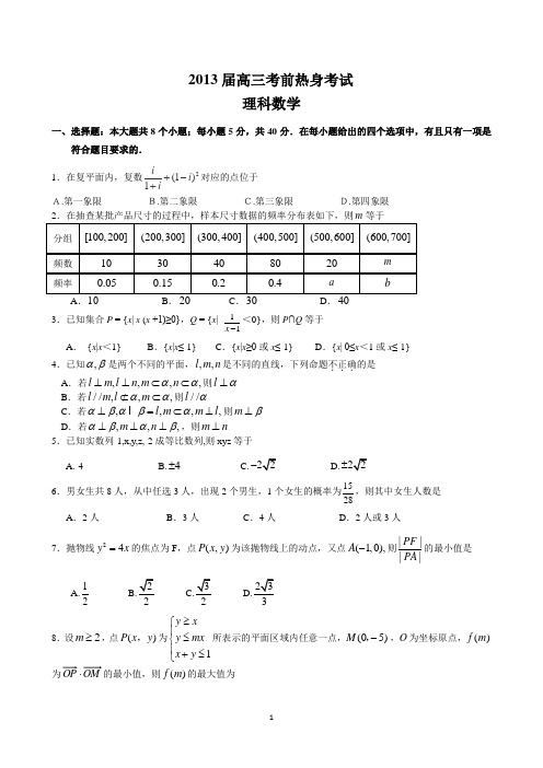 2013届高三考前热身考试理科数学