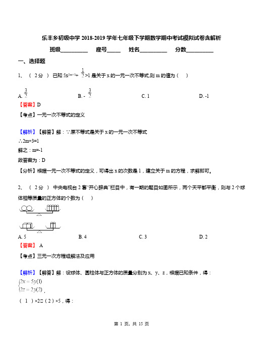 乐丰乡初级中学2018-2019学年七年级下学期数学期中考试模拟试卷含解析