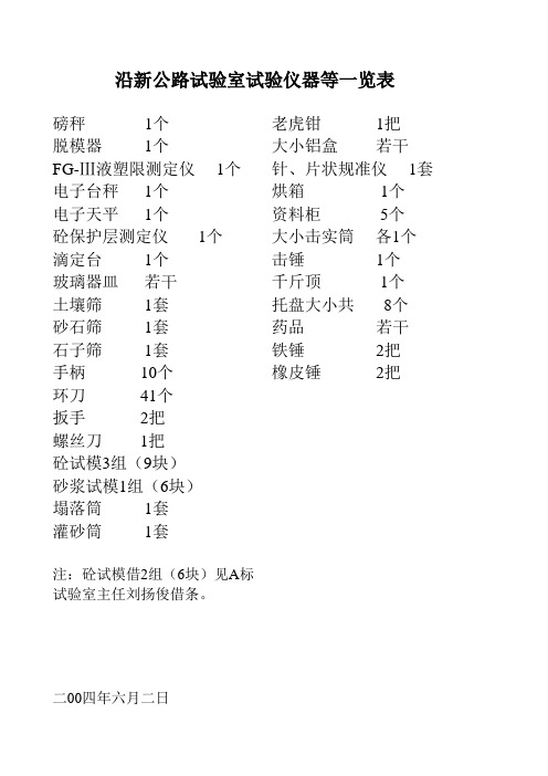 试验室试验仪器一览表