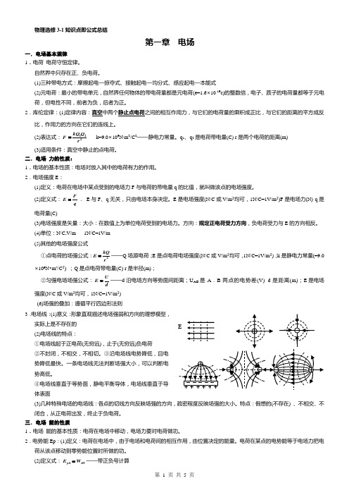 高中物理选修3-1知识总结即公式总结