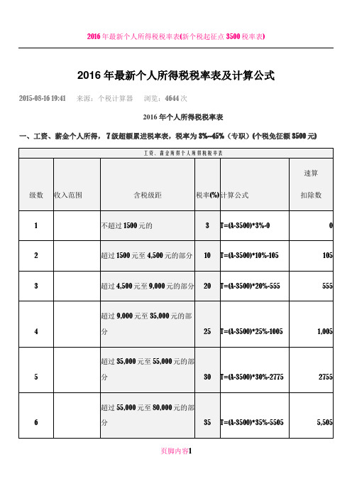 2016年最新个人所得税税率表及计算公式