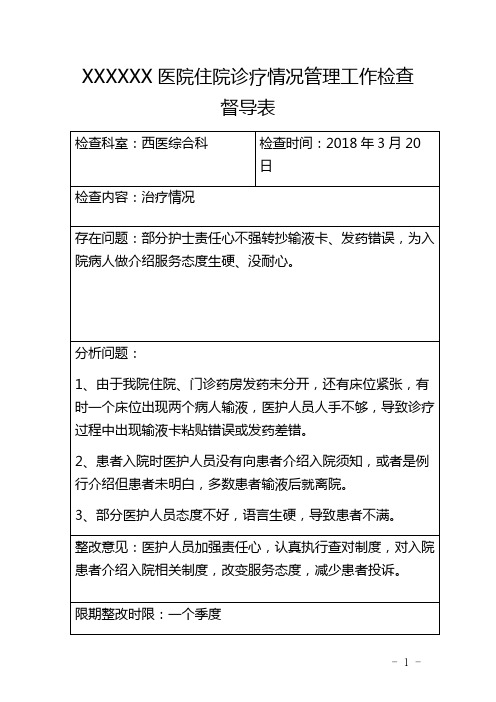 医院住院质量管理工作检查督导表(一季度)