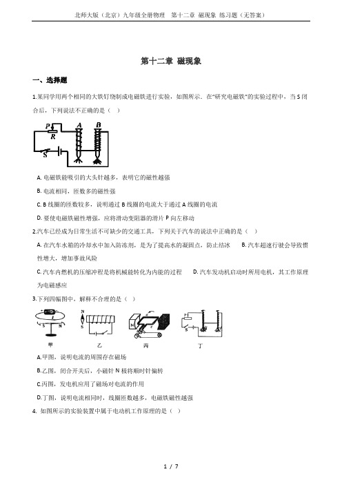 北师大版(北京)九年级全册物理  第十二章 磁现象 练习题(无答案)