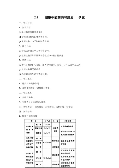 2.4细胞中的糖类和脂质学案(人教版必修1)