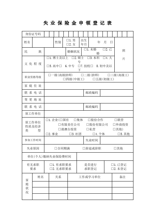 失业保险金申领登记表