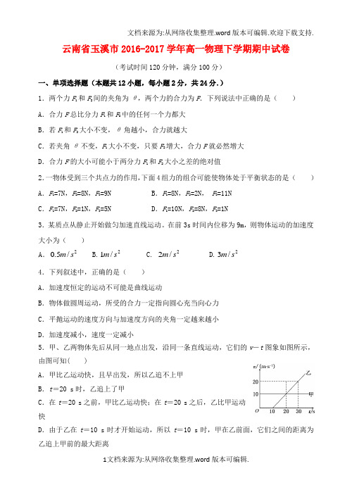 云南省玉溪市2016_2017学年高一物理下学期期中试卷