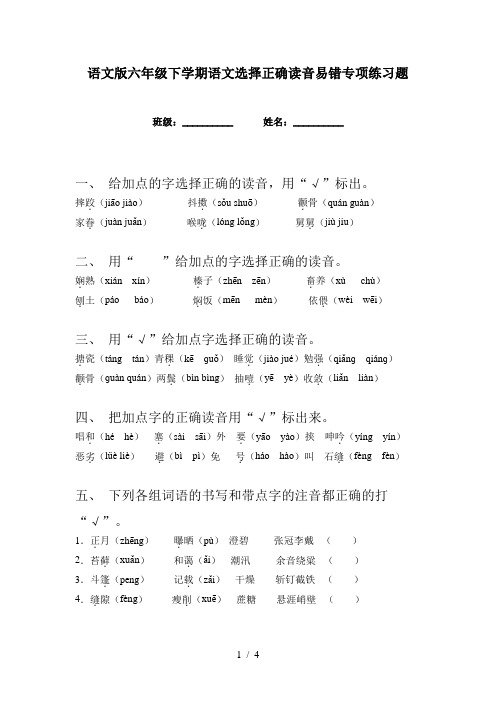 语文版六年级下学期语文选择正确读音易错专项练习题