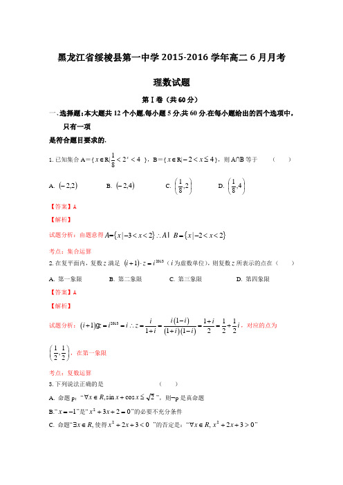 黑龙江省绥棱县第一中学2015-2016学年高二6月月考理数试题Word版含解析