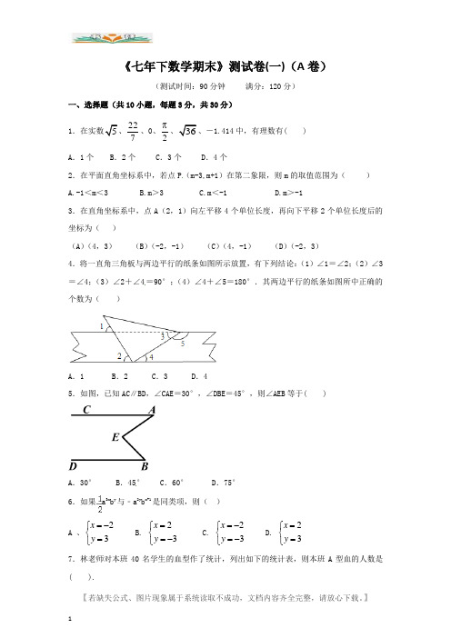 人教版七年级数学下册期末模拟试题及答案(共5套)