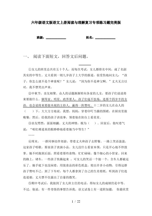 六年级语文版语文上册阅读与理解复习专项练习题完美版