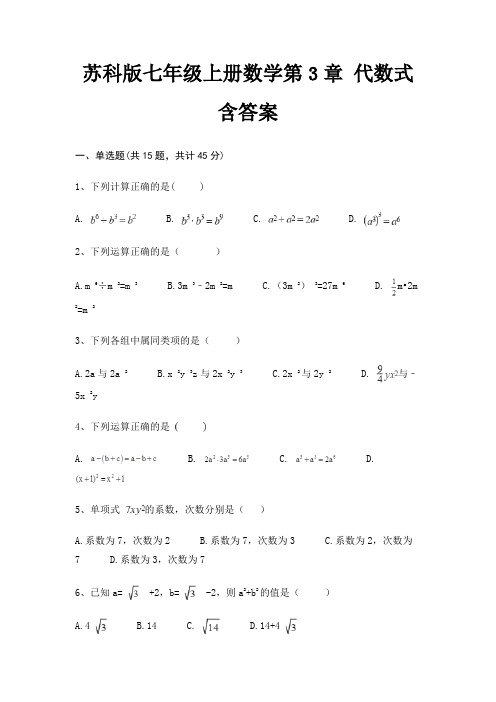 苏科版七年级上册数学第3章 代数式 含答案