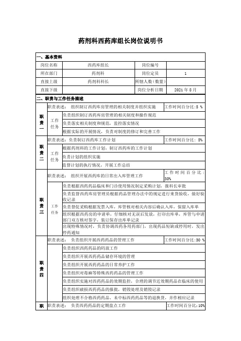 药剂科西药库组长岗位说明书