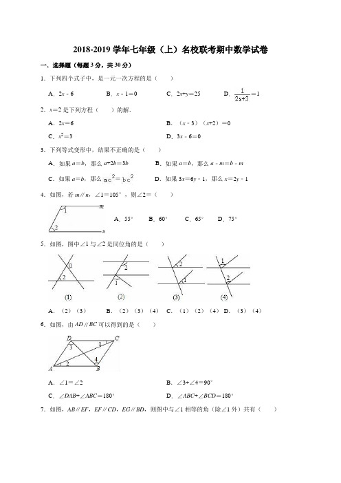 新课标人教版2018-2019学年七年级(上)名校联考期中数学试卷附答案