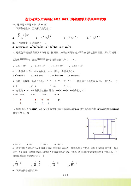 湖北省武汉市洪山区2022-2023七年级数学上学期期中试卷