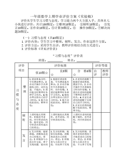 一年级数学上期学业评价方    案 修改版