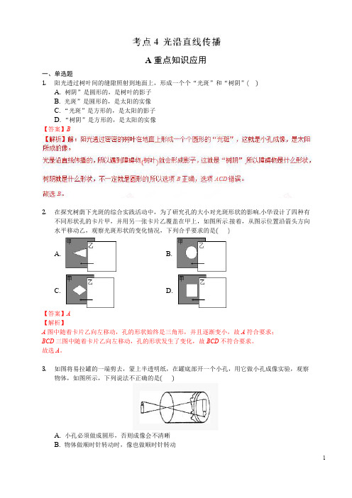 考点4 光沿直线传播-2019年中考物理拉分题专项集训(A)(解析版)