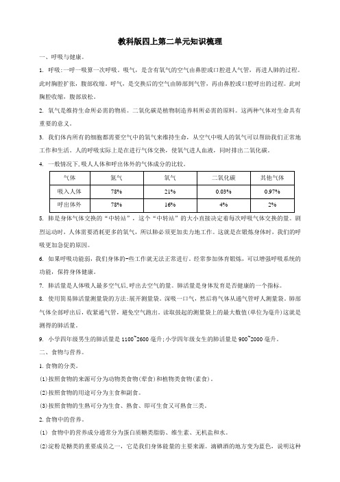 教科版四年级小学科学上册第二单元知识点总结(共4套)