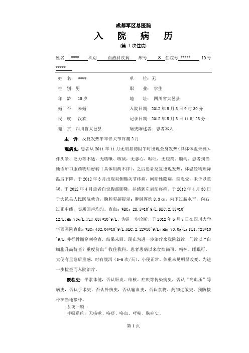 《大病历模板》word版参考模板