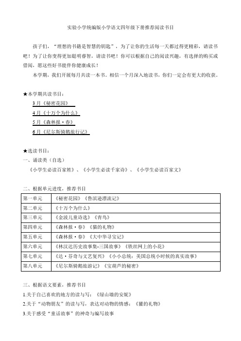 实验小学统编版小学语文四年级下册推荐阅读书目