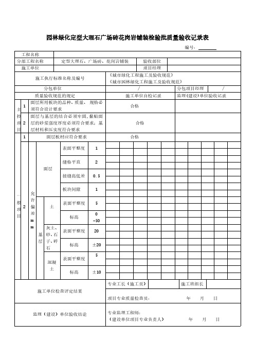 园林绿化定型大理石广场砖花岗岩铺装检验批质量验收记录表模板