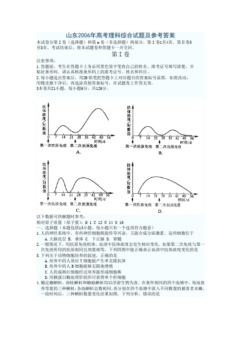 2006年高考山东卷理科综合试题及参考答案